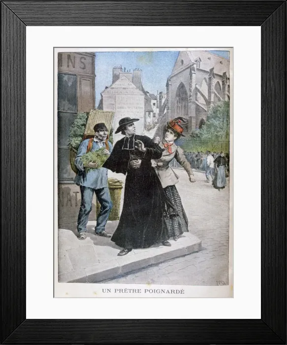 Framed Print : A Catholic priest is stabbed by a woman on the street, France, 1897. Artist: Henri Meyer Framed Print : A Catholic priest is stabbed by a woman on the street, France, 1897. Artist: Henri Meyer