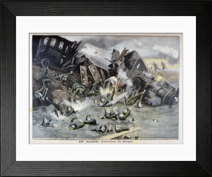 Framed Print : Military train accident in Dorpat, Russia, 1897. Artist: F Meaulle Framed Print : Military train accident in Dorpat, Russia, 1897. Artist: F Meaulle