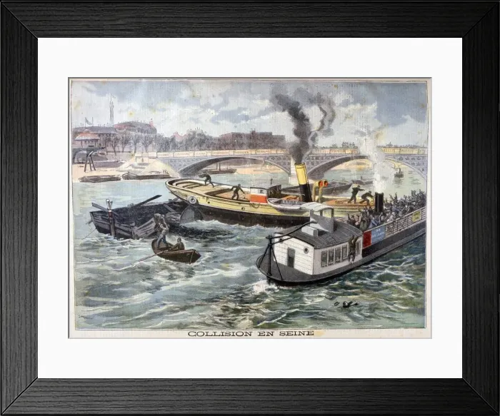 Framed Print : Collision on the Seine, Paris, 1897. Artist: F Meaulle Framed Print : Collision on the Seine, Paris, 1897. Artist: F Meaulle