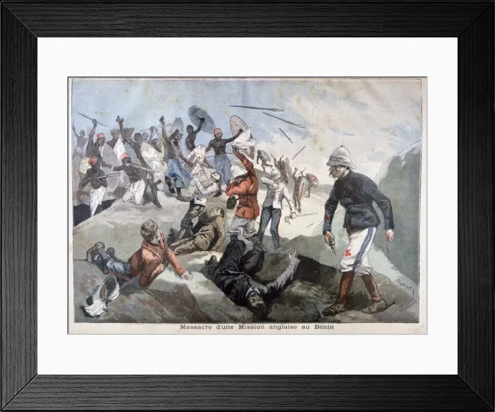 Framed Print : The Massacre of an English Mission in Benin, 1897. Artist: F Meaulle Framed Print : The Massacre of an English Mission in Benin, 1897. Artist: F Meaulle