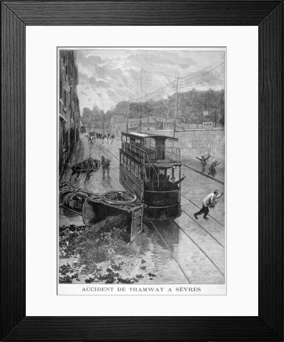 Framed Print : Tram accident, Sevres, Paris, 1897. Artist: F Meaulle Framed Print : Tram accident, Sevres, Paris, 1897. Artist: F Meaulle