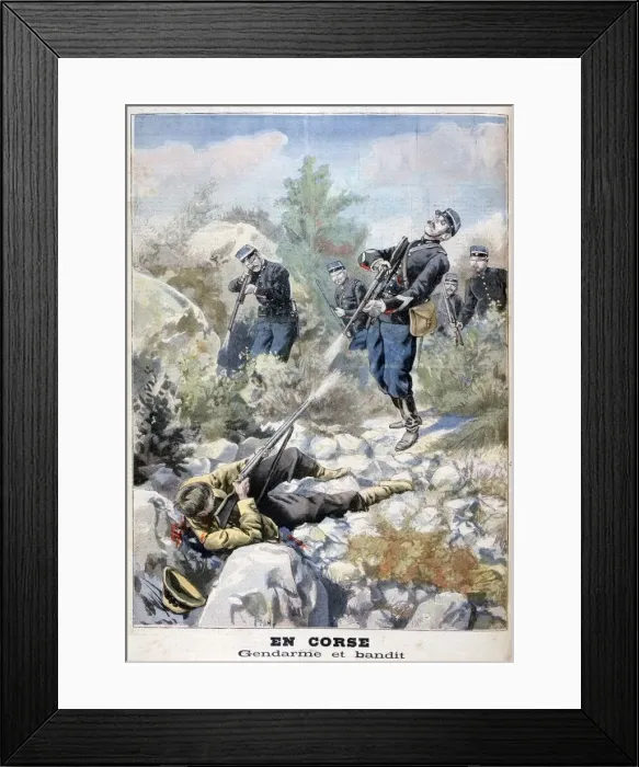 Framed Print : A gun battle between a bandit and the gendarmerie, Corsica, 1898. Artist: F Meaulle Framed Print : A gun battle between a bandit and the gendarmerie, Corsica, 1898. Artist: F Meaulle