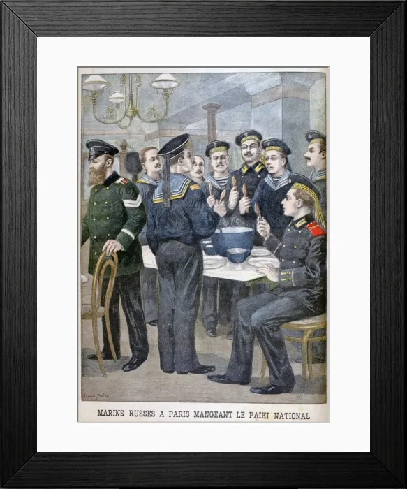 Framed Print : Russian marines eating paiki in Paris, 1900. Artist: Joseph Belon Framed Print : Russian marines eating paiki in Paris, 1900. Artist: Joseph Belon