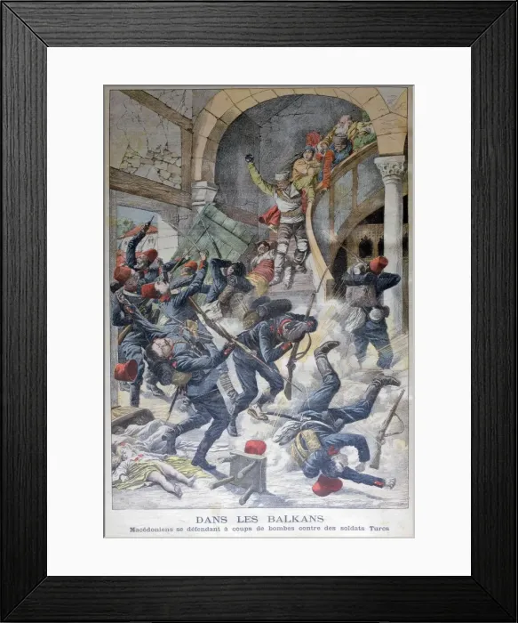 Framed Print : In the Balkans: Macedonians defending themselves with bombs against Turkish Soldiers, 1903 Framed Print : In the Balkans: Macedonians defending themselves with bombs against Turkish Soldiers, 1903
