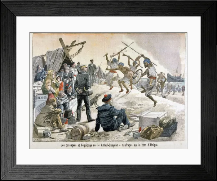 Framed Print : The passengers and equipment of Admiral Gueydon shipwrecked on the African coast, 1903 Framed Print : The passengers and equipment of Admiral Gueydon shipwrecked on the African coast, 1903