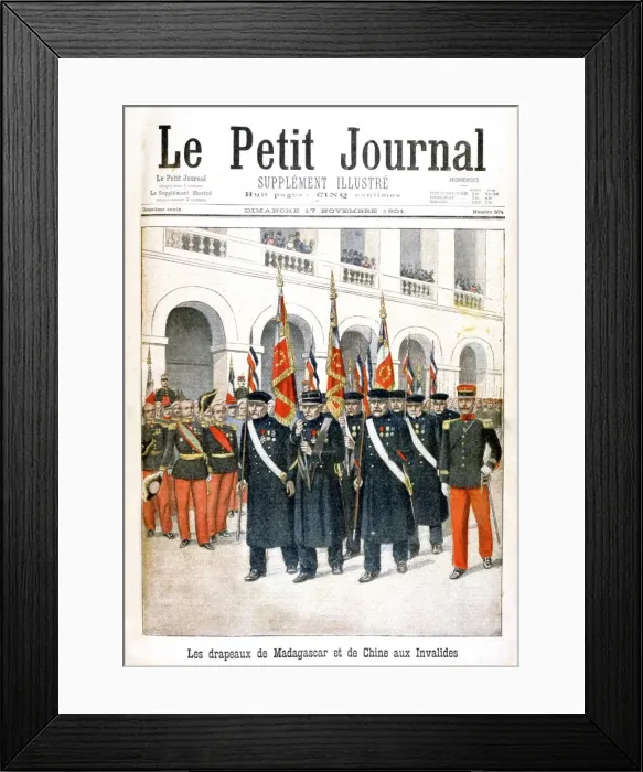 Framed Print : French war veterans carrying flags of the Madagascar and China campaigns, 1901 Framed Print : French war veterans carrying flags of the Madagascar and China campaigns, 1901