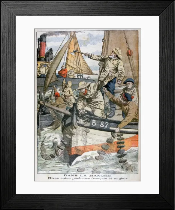 Framed Print : Dispute between French and English fishermen in the Channel, 1904 Framed Print : Dispute between French and English fishermen in the Channel, 1904