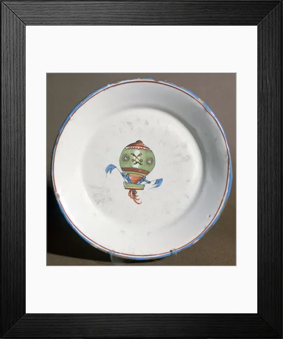 Framed Print : A French faience plate with aeronauts with flags, 1785 Framed Print : A French faience plate with aeronauts with flags, 1785
