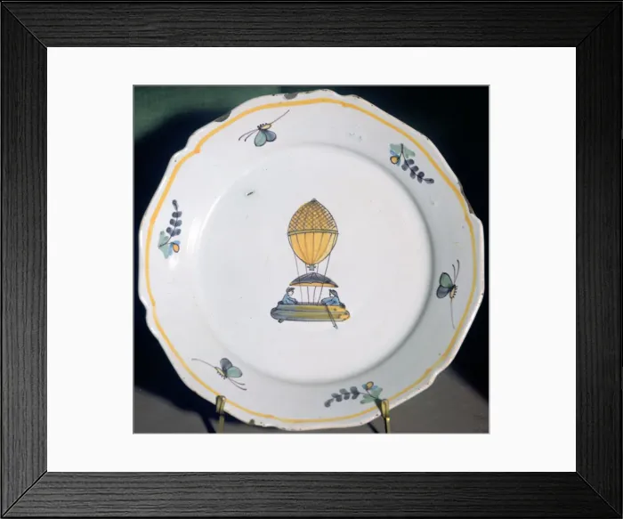 Framed Print : A French faience plate depicting Jean-Pierre Blanchards balloon trip Framed Print : A French faience plate depicting Jean-Pierre Blanchards balloon trip