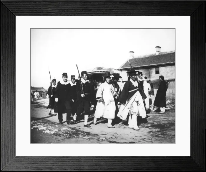 Framed Print : Japanese official with an escort of soldiers, Korea, c1900 Framed Print : Japanese official with an escort of soldiers, Korea, c1900