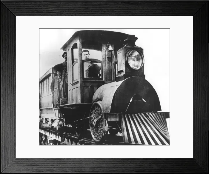 Framed Print : American inventor Thomas Alva Edison on board an electric railroad, 1892 Framed Print : American inventor Thomas Alva Edison on board an electric railroad, 1892