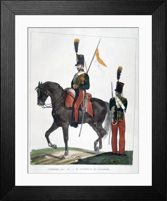 Framed Print : Uniforms of the 12th and 16th Regiment of Chasseurs, France, 1823. Artist: Charles Etienne Pierre Motte Framed Print : Uniforms of the 12th and 16th Regiment of Chasseurs, France, 1823. Artist: Charles Etienne Pierre Motte