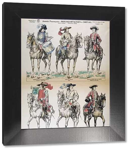 Mousquetaires a Cheval 17th Century. French army uniforms. Colour Lithograph. Private collection