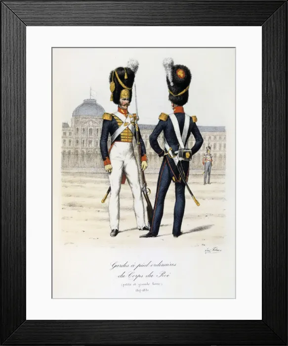 Framed Print : Gardes a pied ordinaires du Corps de Roi, petite and grande tenue, 1817-30 Artist: Eugene Titeux Framed Print : Gardes a pied ordinaires du Corps de Roi, petite and grande tenue, 1817-30 Artist: Eugene Titeux