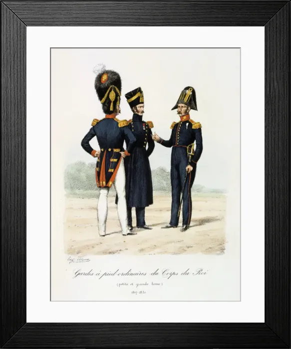 Framed Print : Gardes a pied ordinaires du Corps de Roi, petite and grande tenue, 1817-30 Artist: Eugene Titeux Framed Print : Gardes a pied ordinaires du Corps de Roi, petite and grande tenue, 1817-30 Artist: Eugene Titeux