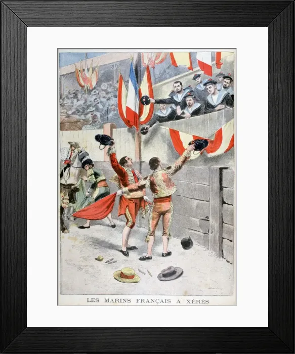 Framed Print : French sailors watching a bull fight, Xeres, Spain, 1899. Artist: Eugene Damblans Framed Print : French sailors watching a bull fight, Xeres, Spain, 1899. Artist: Eugene Damblans