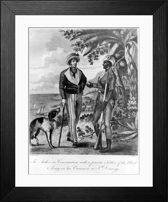 Framed Print : Captain Marcus Rainsford with a private soldier of the Black Army, 1805. Artist: John Barlow