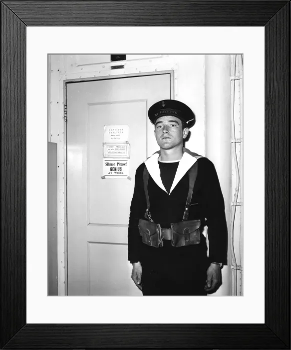 Framed Print : A French sentry outside the operations room of the aircraft carrier La Fayette, 1951 Framed Print : A French sentry outside the operations room of the aircraft carrier La Fayette, 1951
