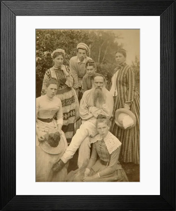 Framed Print : Russian author Leo Tolstoy with his family, Yasnaya Polyana, Russia, late 19th century(?). Artist: Semyon Abamalek-Lazarev Framed Print : Russian author Leo Tolstoy with his family, Yasnaya Polyana, Russia, late 19th century(?). Artist: Semyon Abamalek-Lazarev