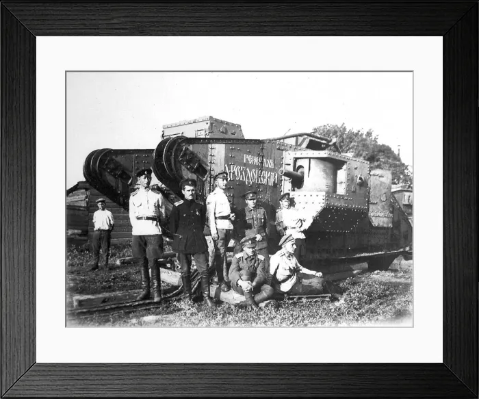 Framed Print : Soldiers of the Volunteer Army before the tank General Drozdovsky, 1919 Framed Print : Soldiers of the Volunteer Army before the tank General Drozdovsky, 1919