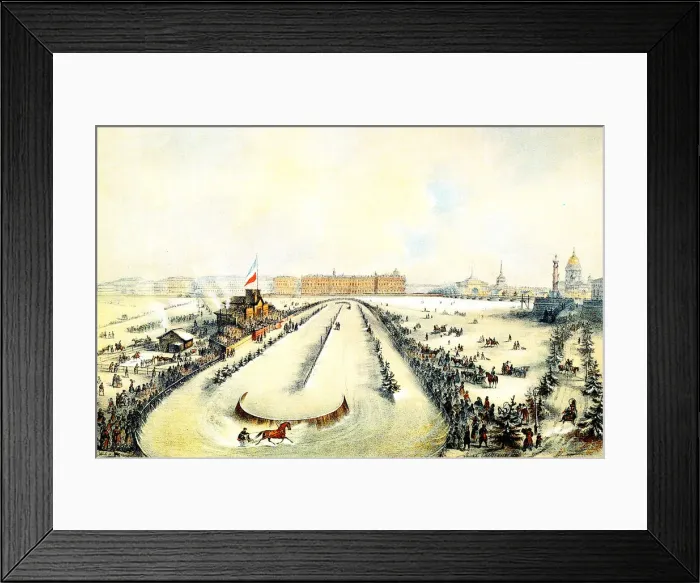 Framed Print : Horse racing on the frozen Neva River in St Petersburg, Russia, 1859. Artist: Iosif Adolfovich Charlemagne Framed Print : Horse racing on the frozen Neva River in St Petersburg, Russia, 1859. Artist: Iosif Adolfovich Charlemagne