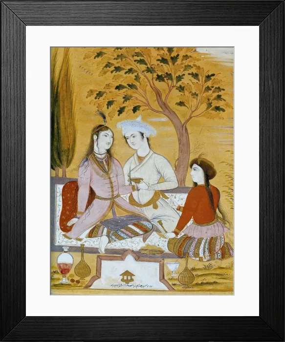 Framed Print : Amorous couple and a servant, 1696. Artist: Mu in Musavvir Framed Print : Amorous couple and a servant, 1696. Artist: Mu in Musavvir