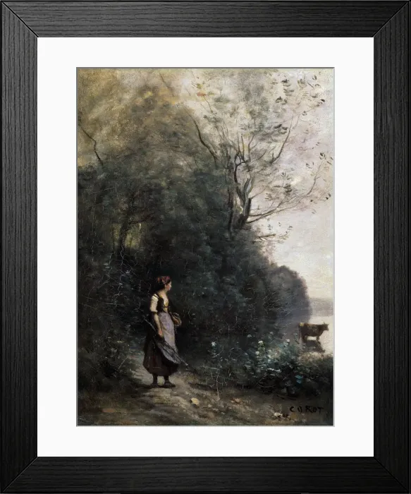 Framed Print : Shepherdess with a cow at the Edge of the Forest, 1865-1870. Artist: Jean-Baptiste-Camille Corot