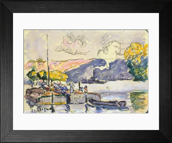 Framed Print : Two Barges, Boat, and Tugboat in Samois, c1900. Artist: Paul Signac Framed Print : Two Barges, Boat, and Tugboat in Samois, c1900. Artist: Paul Signac