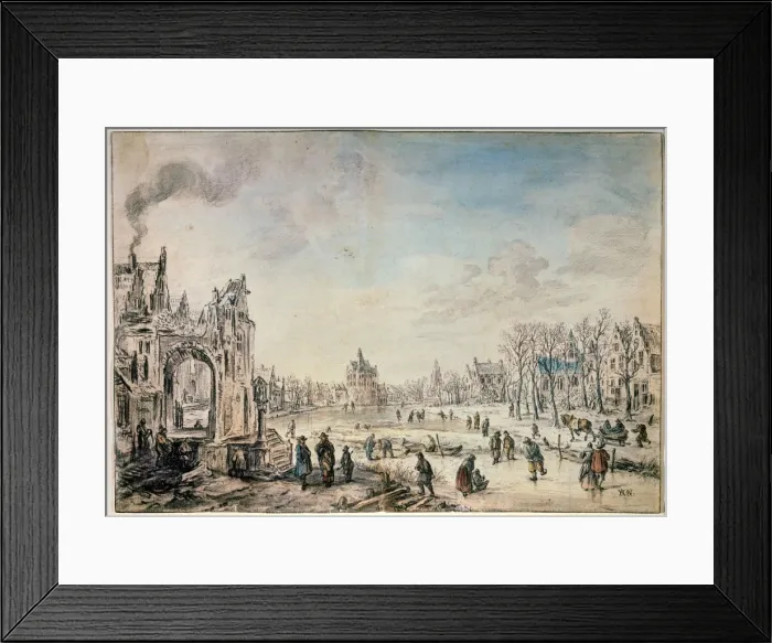 Framed Print : Winter Landscape with Skaters, Dutch painting of 17th century. Artist: Aert van der Neer Framed Print : Winter Landscape with Skaters, Dutch painting of 17th century. Artist: Aert van der Neer