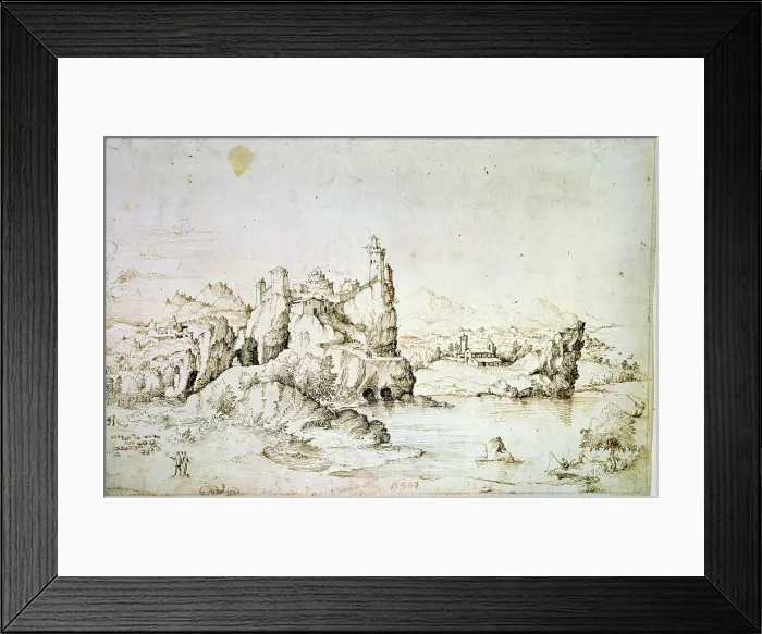 Framed Print : A Castle on a Rock in Mountainscape, 1540. Artist: Gherardo Cibo Framed Print : A Castle on a Rock in Mountainscape, 1540. Artist: Gherardo Cibo