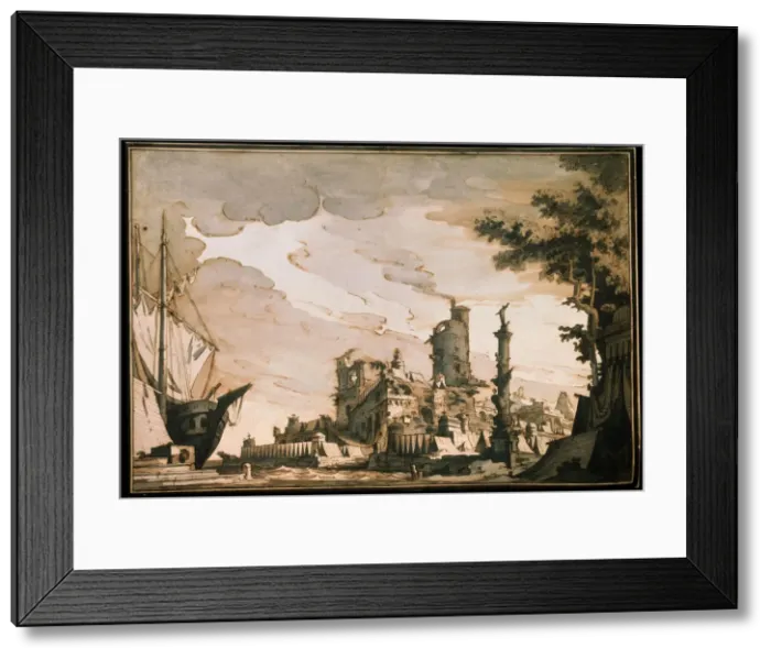 Framed Print : Sea Harbor, Stage design for a theatre play, 1818. Artist: Pietro Gonzaga Framed Print : Sea Harbor, Stage design for a theatre play, 1818. Artist: Pietro Gonzaga