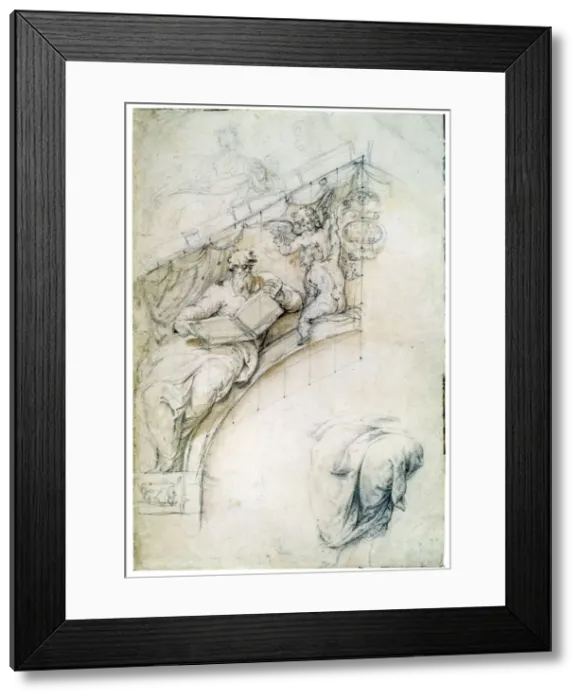 Framed Print : Decoration of a wall over an entrance arch with a Prophet and two Puttos, c1525. Artist: Perino del Vaga Framed Print : Decoration of a wall over an entrance arch with a Prophet and two Puttos, c1525. Artist: Perino del Vaga