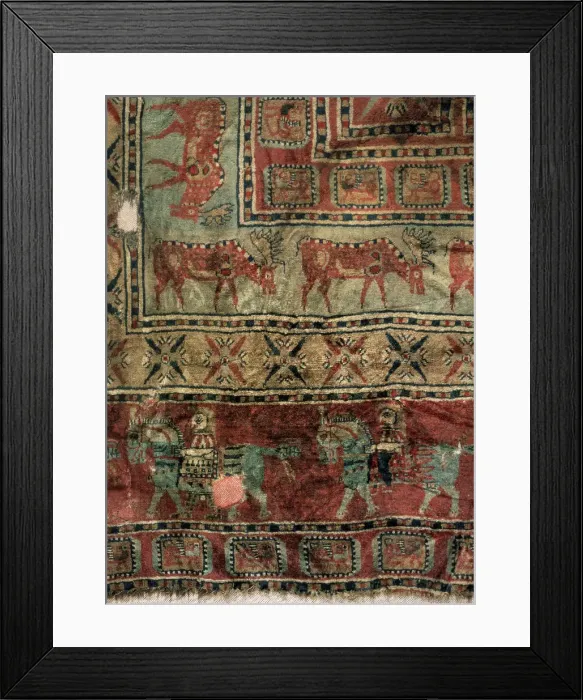 Framed Print : Pile Carpet (Detail: Fallow deers and horsemen), 5th-4th century BC Framed Print : Pile Carpet (Detail: Fallow deers and horsemen), 5th-4th century BC