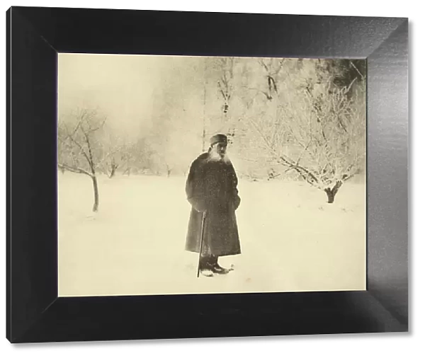 Russian author Leo Tolstoy taking a winter walk, 1900s. Artist: Sophia Tolstaya