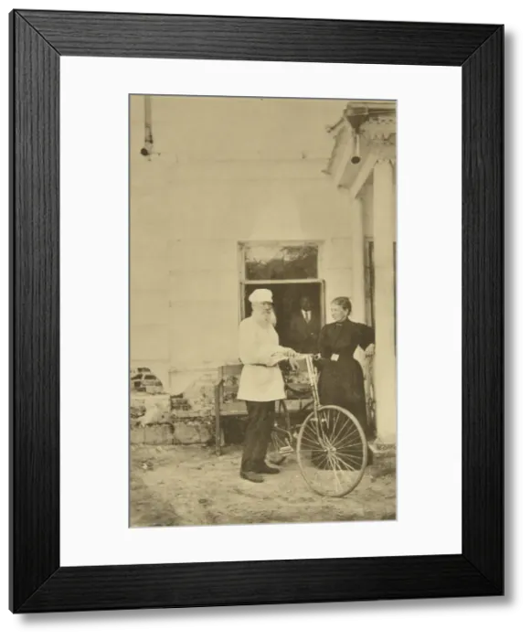 Framed Print : Russian author Leo Tolstoy with a bicycle, Russia, 1890s. Artist: Sophia Tolstaya