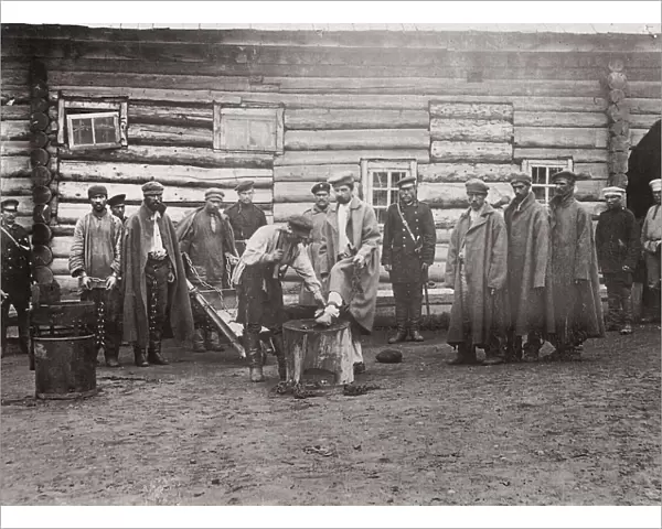 The chaining of prisoners, Sakhalin, Russia, 1890s. Artist: Innokenty Ignatievich Pavlovsky
