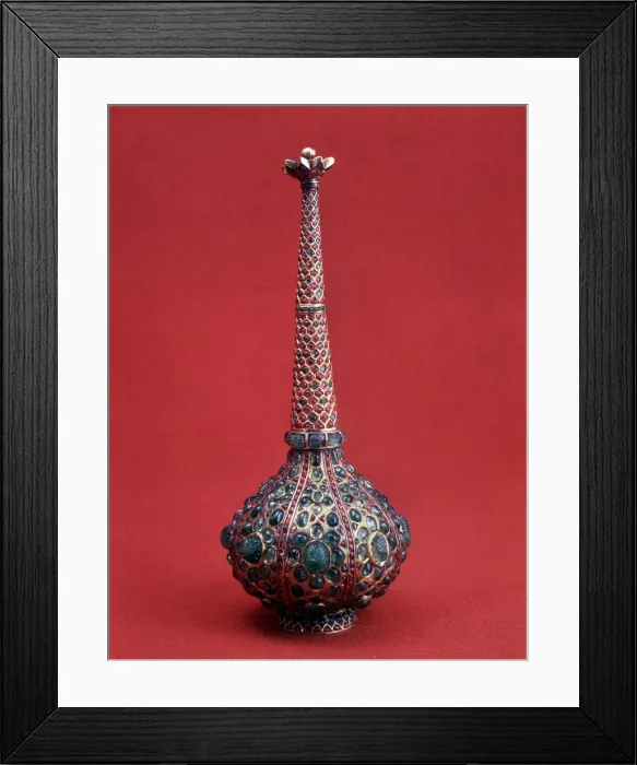 Framed Print : Gold and enamel flask with emeralds, Indian, 17th century Framed Print : Gold and enamel flask with emeralds, Indian, 17th century