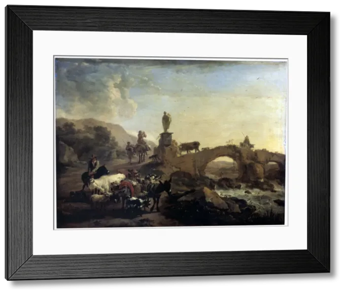Framed Print : Italian landscape with a Small Bridge, 1656. Artist: Nicolaes Berchem Framed Print : Italian landscape with a Small Bridge, 1656. Artist: Nicolaes Berchem
