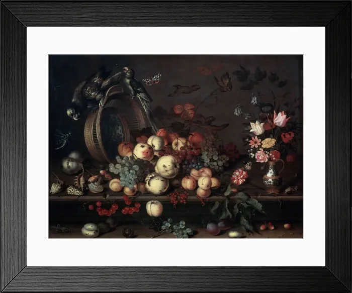 Framed Print : Still Life with Fruits, Flowers and Parrots, 1620s. Artist: Balthasar van der Ast Framed Print : Still Life with Fruits, Flowers and Parrots, 1620s. Artist: Balthasar van der Ast