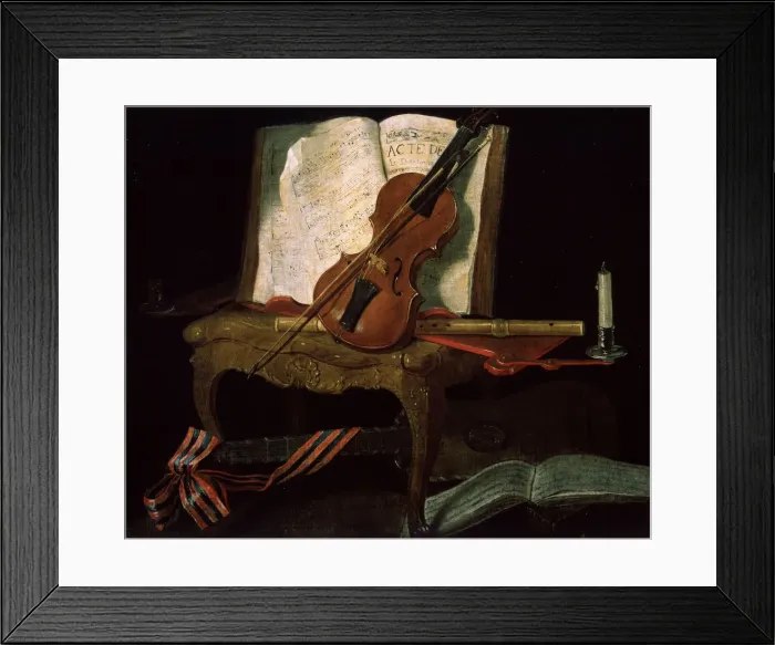 Framed Print : Still Life with a Violin, 19th century. Artist: Pierre Justin Ouvrie Framed Print : Still Life with a Violin, 19th century. Artist: Pierre Justin Ouvrie