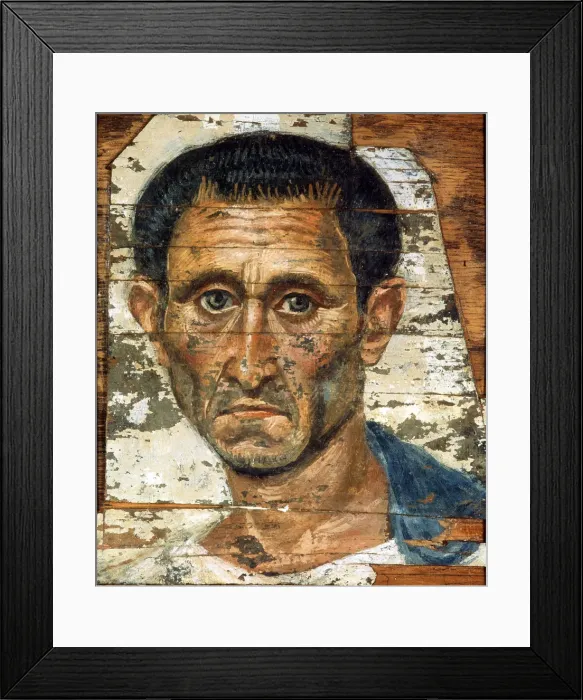 Framed Print : Portrait of a middle-aged man in a blue cloak, Romano-Egyptian mummy portrait, late 1st century Framed Print : Portrait of a middle-aged man in a blue cloak, Romano-Egyptian mummy portrait, late 1st century