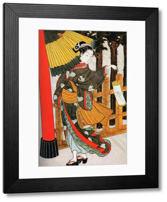 Framed Print : Girl on Her Way to the Shinto Shrine on a Stormy Night, 18th century Framed Print : Girl on Her Way to the Shinto Shrine on a Stormy Night, 18th century