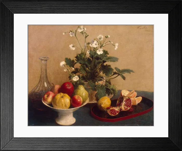 Framed Print : Flowers, Dish with Fruit and Carafe, 1865 Framed Print : Flowers, Dish with Fruit and Carafe, 1865