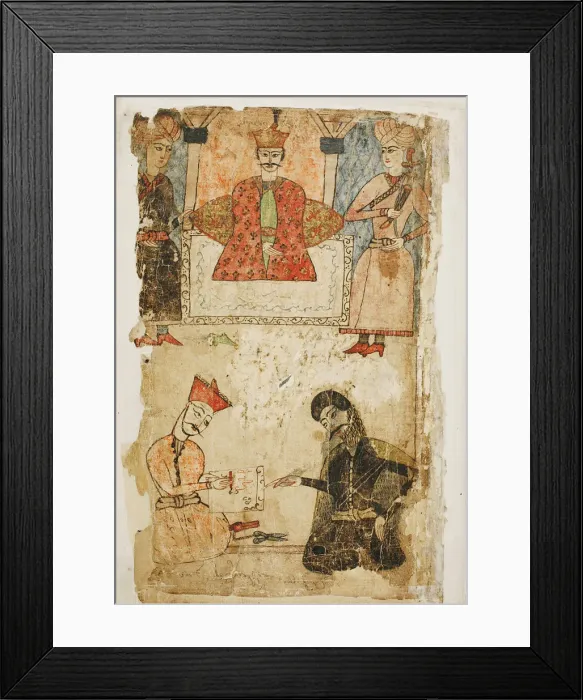 Framed Print : Rustaveli dictates his poem to a chancellor. Illustration to the poem The Knight in the Panthers Skin by Shota Rustaveli, Mid of 17th cen Artist: Tavakalashvili, Mamuka (1611-1657)