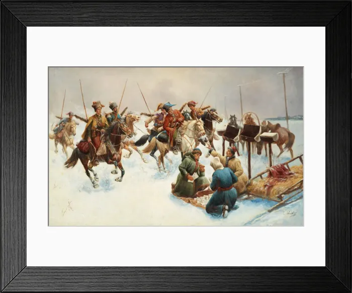 Framed Print : Winter landscape with Cossacks. Artist: Baumgartner-Stoiloff, Adolf (1850-1924) Framed Print : Winter landscape with Cossacks. Artist: Baumgartner-Stoiloff, Adolf (1850-1924)