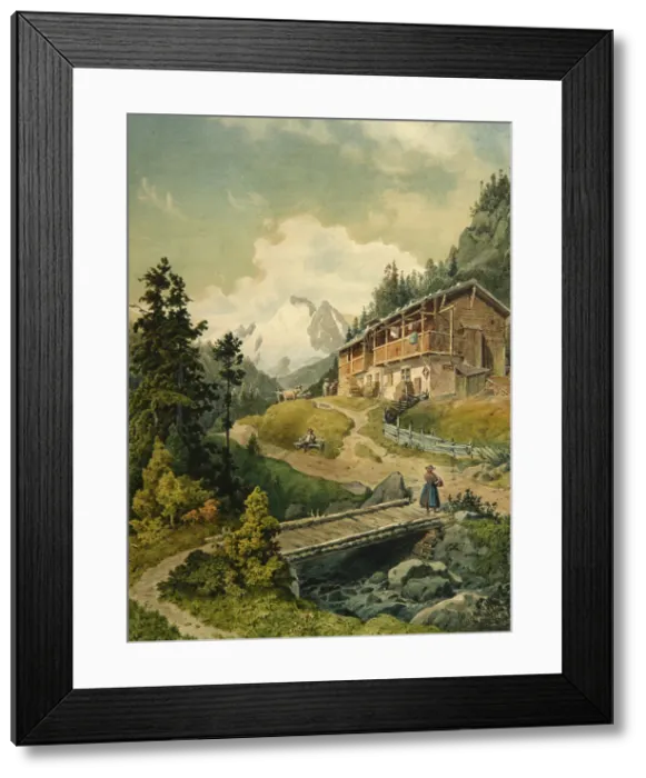 Framed Print : Alpine landscape with a bridge. Artist: Gatt, Ferdinand (1847-1909) Framed Print : Alpine landscape with a bridge. Artist: Gatt, Ferdinand (1847-1909)