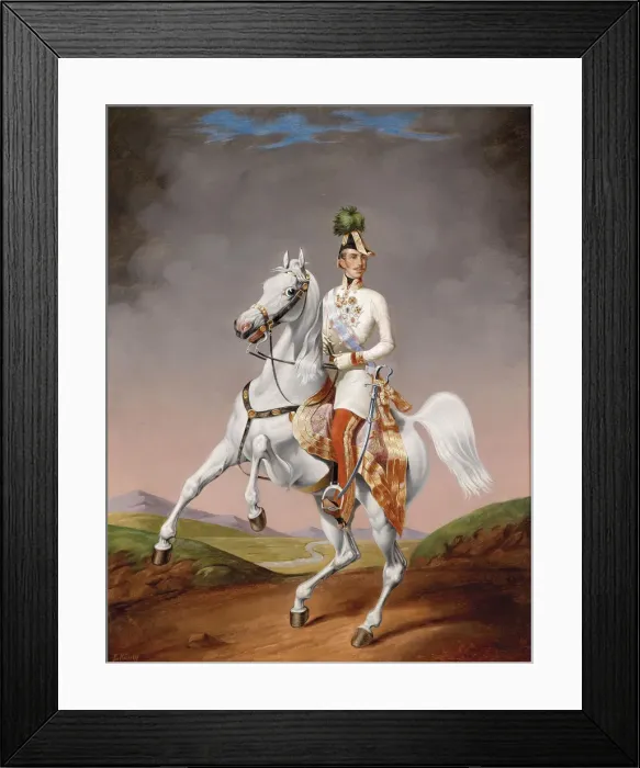 Framed Print : Portrait of Franz Joseph I of Austria on horseback, 1855. Artist: Konig, Lilly (1799-?) Framed Print : Portrait of Franz Joseph I of Austria on horseback, 1855. Artist: Konig, Lilly (1799-?)