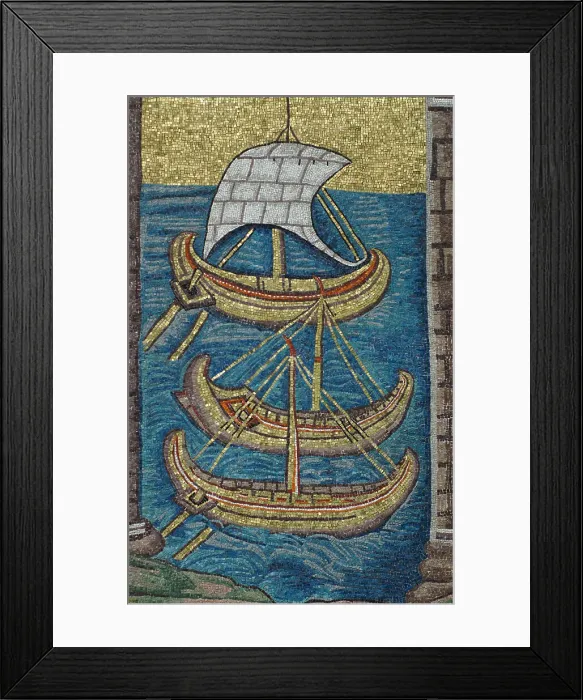 Framed Print : The Roman galleys. Mosaic from Ravenna, copy. Artist: Classical Antiquities Framed Print : The Roman galleys. Mosaic from Ravenna, copy. Artist: Classical Antiquities