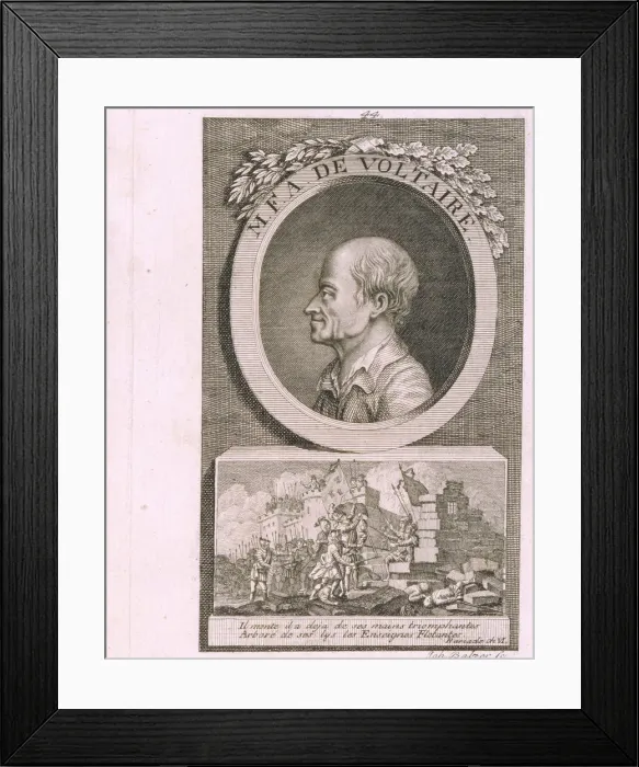 Framed Print : Portrait of the writer, essayist and philosopher Francois Marie Arouet de Voltaire (1694-1778). Artist: Balzer, Johann (1738-1799) Framed Print : Portrait of the writer, essayist and philosopher Francois Marie Arouet de Voltaire (1694-1778). Artist: Balzer, Johann (1738-1799)