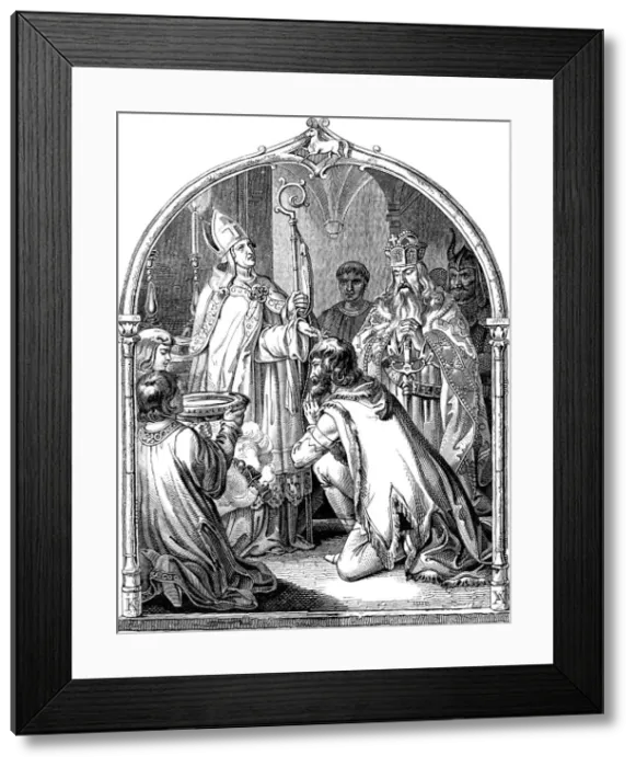 Framed Print : Baptism of Saxon leader Widukind (Illustration from the Geschichte des deutschen Volkes by E. Duller), 1840. Artist: Kirchhoff, Johann Jakob (1796-1848) Framed Print : Baptism of Saxon leader Widukind (Illustration from the Geschichte des deutschen Volkes by E. Duller), 1840. Artist: Kirchhoff, Johann Jakob (1796-1848)